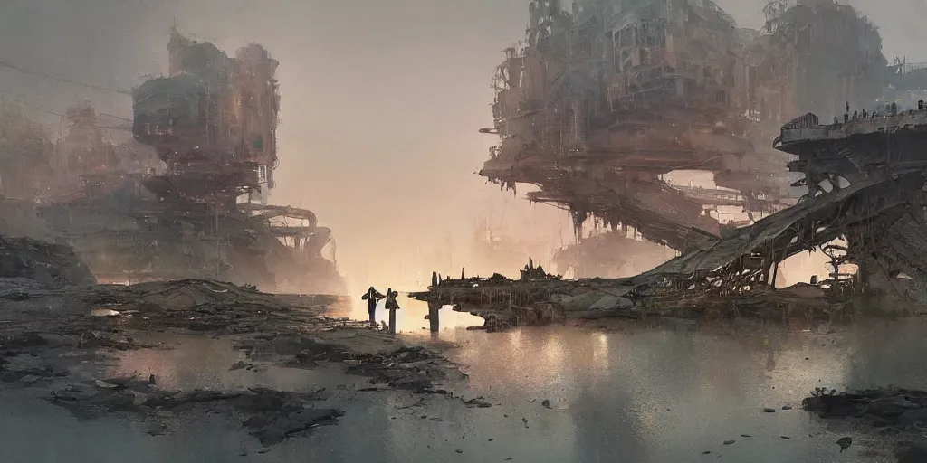 Prompt: concept art of a ruined bridge crossing a polluted lake filled with shipwrecks, grimy, gritty, blade runner 2 0 4 9, trending on artstation, award winning painting, cgi, art by john berkey and anton fadeev and john howe and simon stalenhag