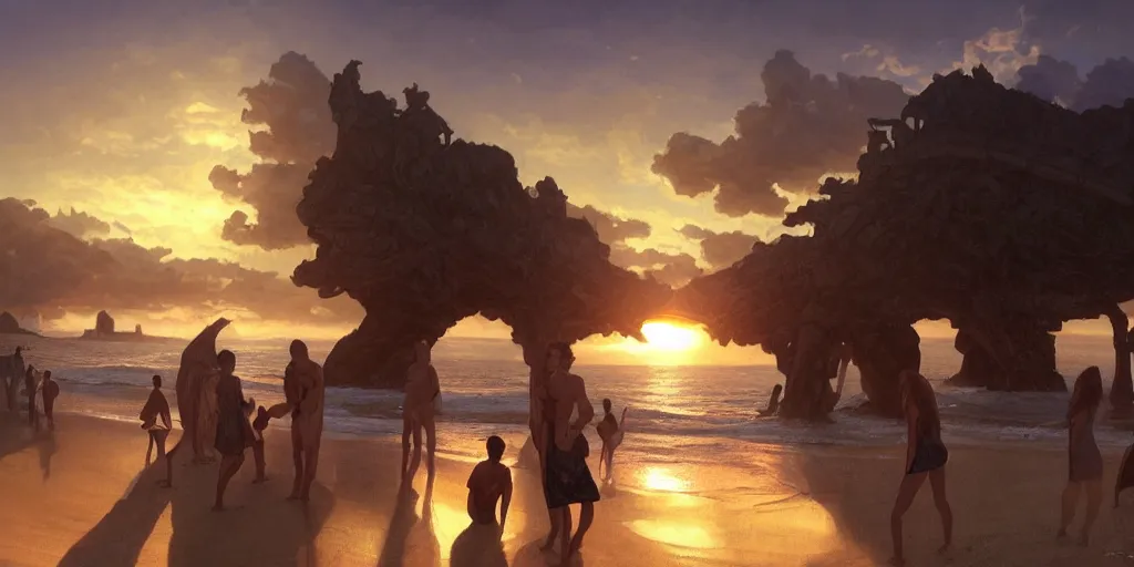 Image similar to a few people watching sunset on a beach with a close planet looming above the sky, intricate, highly detailed, digital painting, trending on artstation, concept art, smooth, illustration, cinematic lighting, art by artgerm and greg rutkowski and alphonse mucha