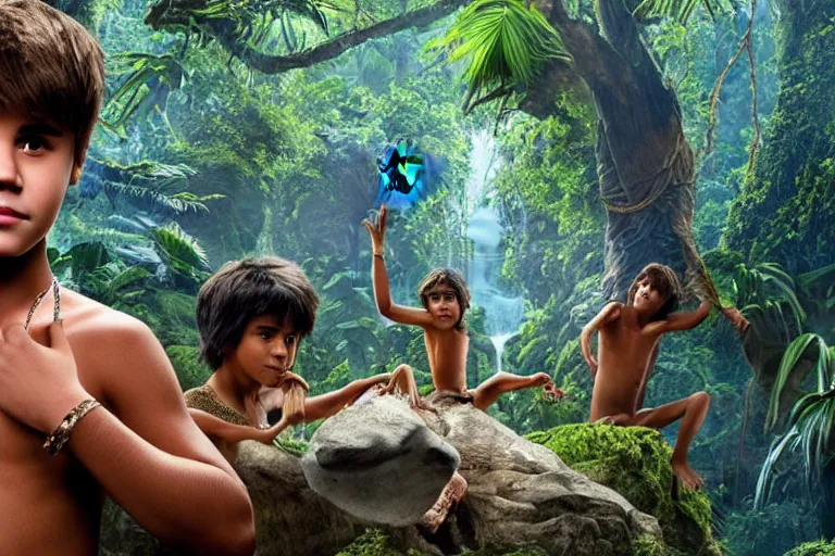 Prompt: justin bieber plays mowgli in the live action adaptation of the jungle book, red weapon 8 k s 3 5, cooke anamorphic / i lenses, highly detailed, cinematic lighting