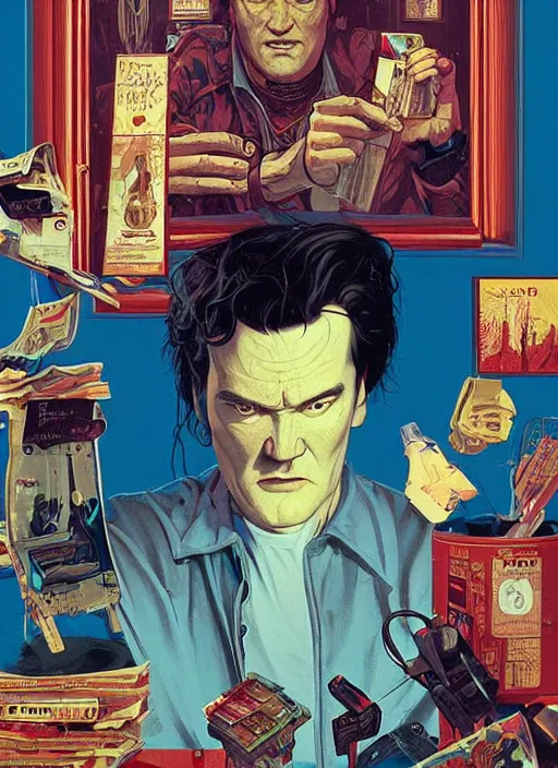 Prompt: poster artwork by Michael Whelan and Tomer Hanuka, Karol Bak of portrait of Quentin Tarantino the local video store kerk, from scene from Twin Peaks, clean, simple illustration, nostalgic, domestic, full of details