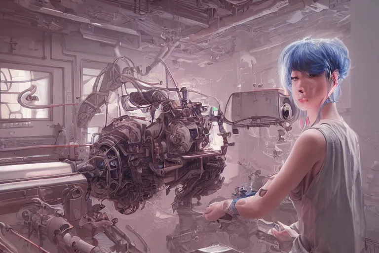 Image similar to hyperrealistic photography of a machine entering a female host in the style of Jin Kagetsu, James Jean and wlop, highly detailed, sharp focus, intricate concept art, digital painting, ambient lighting, 4k, artstation