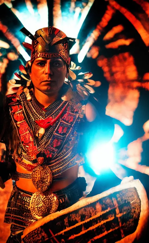 Image similar to Aztec warrior's, editorial photograph, dark lighting, glowing screens, indoor Pizza Hut