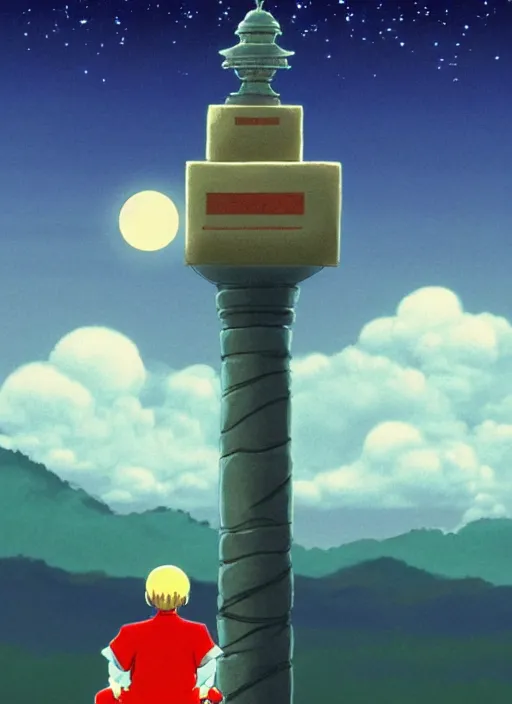 Image similar to a realistic cell - shaded studio ghibli concept art from paprika ( 2 0 0 6 ) of a floating cube from close encounters of the third kind ( 1 9 7 7 ) and a monk meditating on top of a pillar on a misty starry night. very dull colors, hd, 4 k, hq