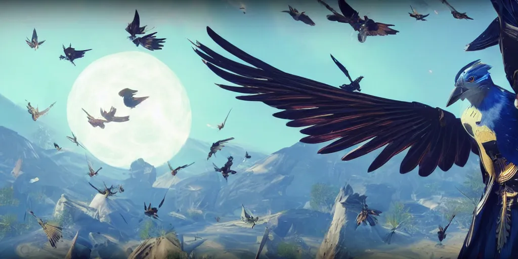 Prompt: avian inspired guardian class with large wings in destiny 2, beautiful feathers, claws and beak armor, highly detailed 4 k 6 0 fps in - game destiny 2 screenshot leak
