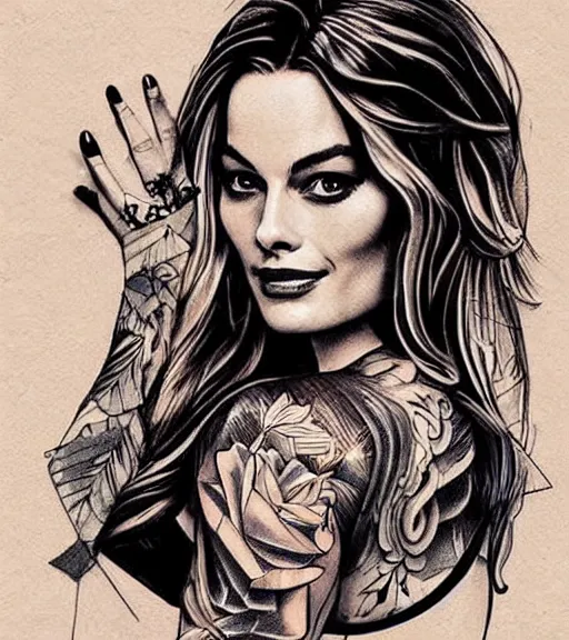 Prompt: tattoo design sketch of margot robbie and beautiful mountain scenery mash up, in the style of varo tattooer, surrealist, amazing detail, sharp