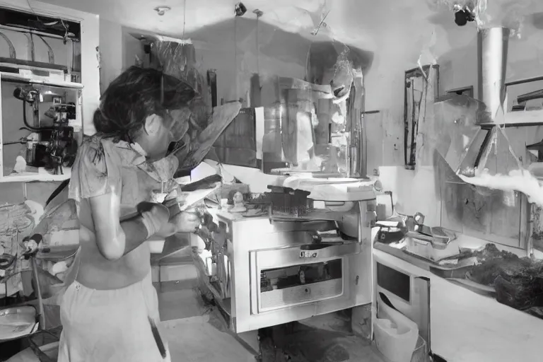 Prompt: umm kulthum in a morning gown frying an egg on a stove in her kitchen, photograph by Annie Leibovitz