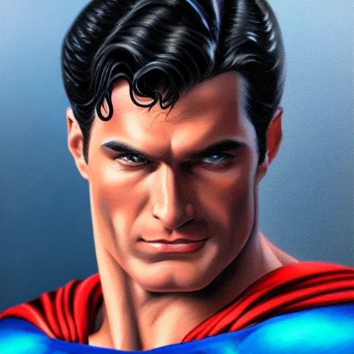 Image similar to an ultra - realistic head and shoulders portrait painting of superman in the style of alex ross. 4 k. ultra - realistic. highly detailed. dark fantasy. epic lighting.