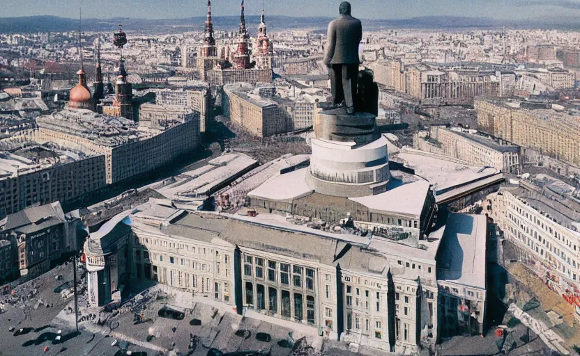 Image similar to high quality 2000s historic footage of soviet square with lenin statue with stanilist style high rise and pedestrians, color aerial photo drone, Cinestill 800t, heavy grainy picture, very detailed, high quality, 4k panoramic