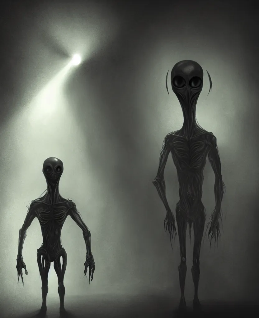 Prompt: man alien standing in the corner of a room, menacingly with huge dark soulless eyes, dramatic lighting, terror art