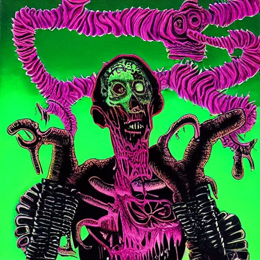 Image similar to garbled monstrosity, 1983 punk art, painted cover abject horror, dark pink and green, detailed, intricate, bizarre, bright, 80s sci fi weird artwork, dystopian