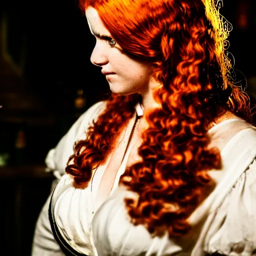 Prompt: beautiful bar maid with auburn hair, in a medieval tavern at night, dramatic, cinematic, filmic, 7 5 mm, f / 1. 8