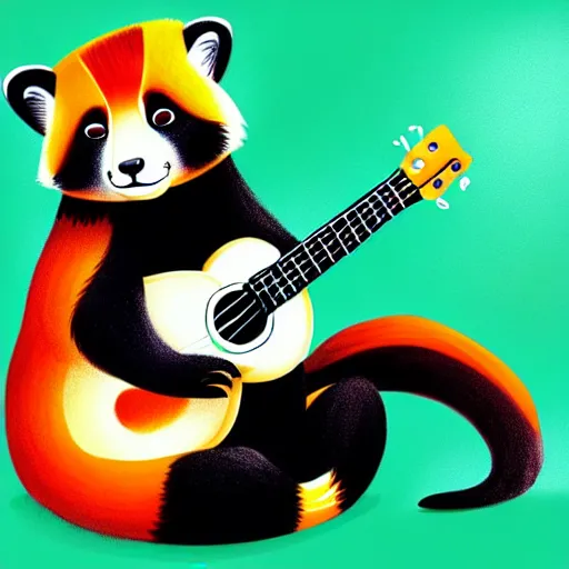 Image similar to cute fluffy Ailurus fulgens playing a ukulele, fully detailed, high quality , 4k , digital art, digital painting, soft light , masterpiece