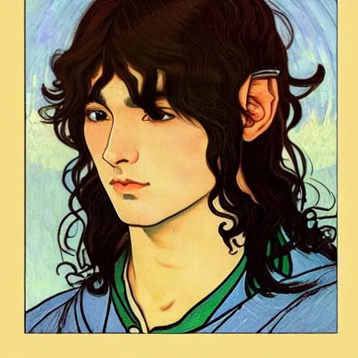 Image similar to portrait painting of young handsome beautiful paladin elf!! man with long! wavy dark hair in his 2 0 s named taehyung minjun at the blueberry party, wearing armor!, long hair, elf ears, blue eyes, blueeyes!, elegant, delicate, soft facial features, art, art by alphonse mucha, vincent van gogh, egon schiele,