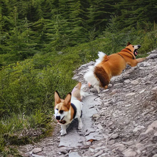 Prompt: corgi backpacking through the mountains, cute, photorealism, action shot