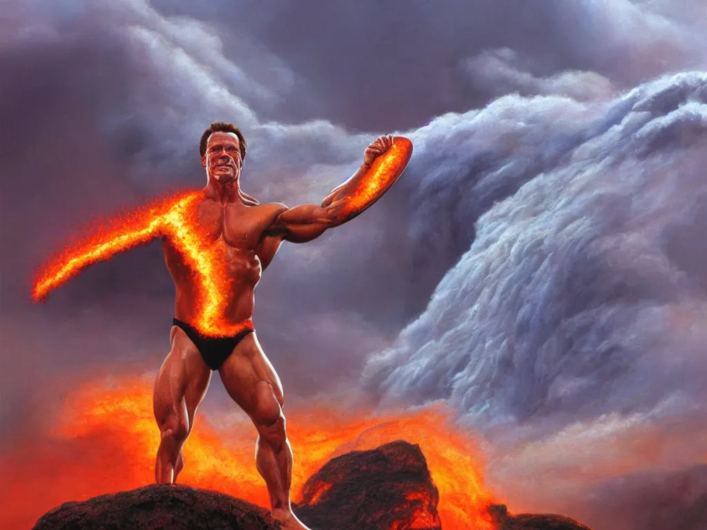 Image similar to detailed portrait of an arnold schwarzenegger surfing on lava by boris vallejo, volcano eruption on the background, stunning scene, 8 k, digital painting, hyperrealism, bright colors, trending on artstation