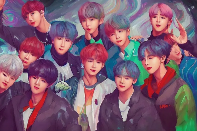 Prompt: “ a portrait of members of bts band, rainy background, bright art masterpiece artstation. 8 k, sharp high quality artwork in style of jose daniel cabrera pena, concept art by tooth wu, hearthstone card game artwork. ”