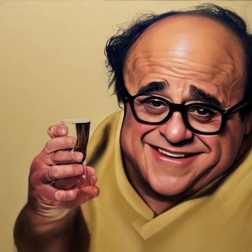 Image similar to danny devito holding a modern 6 0 s style ægget chair, eggshell color, renaissance still life painting, masterpiece, realistic light and shadow, trending on artstation, highly detailed, photorealism