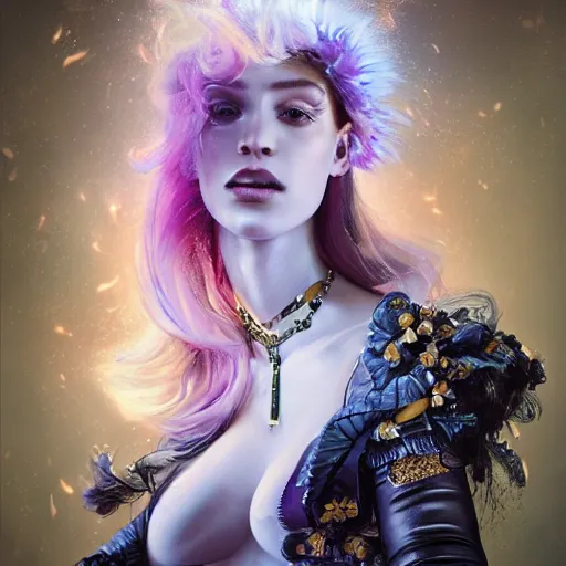 Image similar to A masterpiece portrait of a Incredibly beautiful futuristic high fashion queer model girl with A large luxurious Victorian necklace made of LED displays. Rococo dress from red leather and fur. trending on artstation, digital art, by Stanley Artgerm Lau, WLOP, Rossdraws, James Jean, Andrei Riabovitchev, Marc Simonetti, Yoshitaka Amano