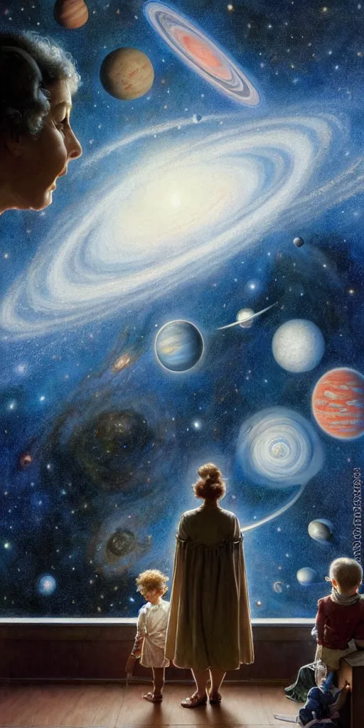 Image similar to a mother and her son looking at the wall of their bedroom and seeing the universe full of galaxies and planets, imagination, part by norman rockwell, part by greg rutkowski, part by mattias adolfsson, high angle, ( ( ( ( volumetric lighting ) ) ) ), oil on canvas