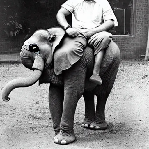 Prompt: a man on a chair with his pet elephant on his lap