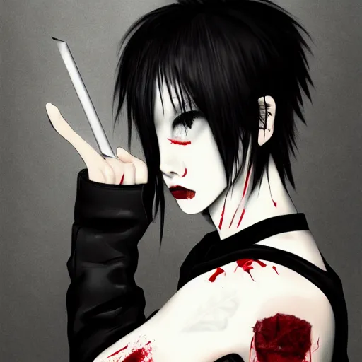 Prompt: Asian goth, male, black lipstick, pale skin, detailed spiky red hair, detailed, wearing bloody bandages, leather clothing, 4K, drawn by Ai Yazawa