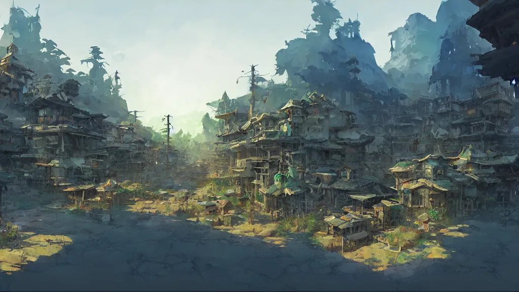 Image similar to downtown battle mountain, by craig mullins, with studio ghibli style, by mattias adolfsson, highly detailed