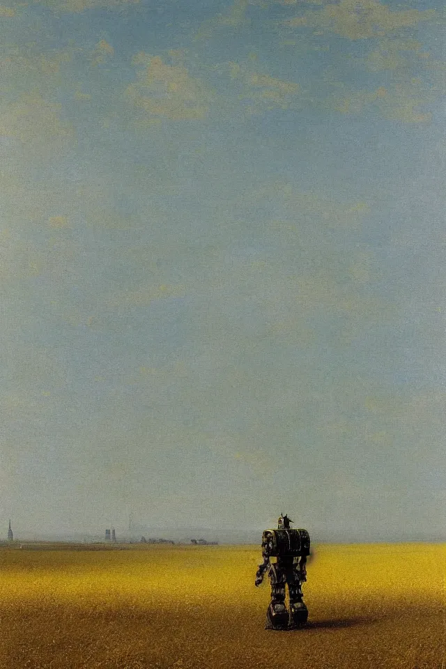 Image similar to painting of the back view of a terminator robot, standing far away in the vast yellow wheat fields, looking at a distant gargantuan tall building group by Ivan Aivazovsky