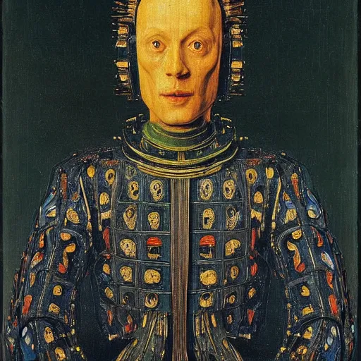 Image similar to a robot painted by Jan van Eyck,