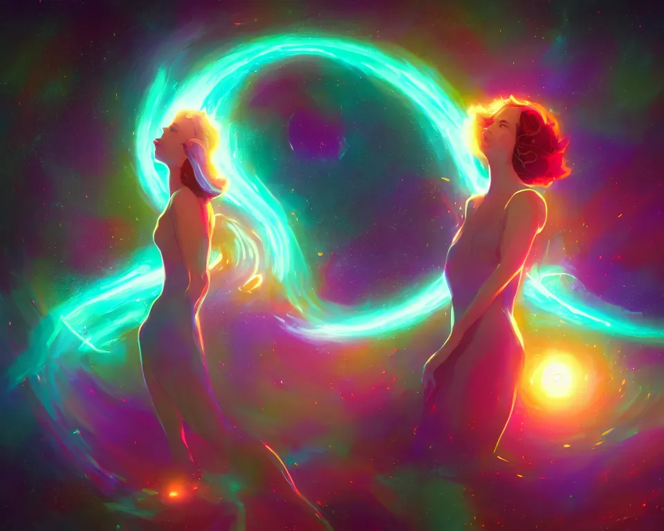 Image similar to a beautiful whimsical woman standing under a multi-colored binary blackhole with an accretion disc, casting magic, glowing trails following her arms, acidwave, hall of mirrors, interstellar galaxy, by Lois van Baarle, by Greg Rutkowski, by artgerm, by beeple, by studio ghibli, cinematic angle, volumetric lighting, 4k resolution, octane render, trending on artstation, masterpiece