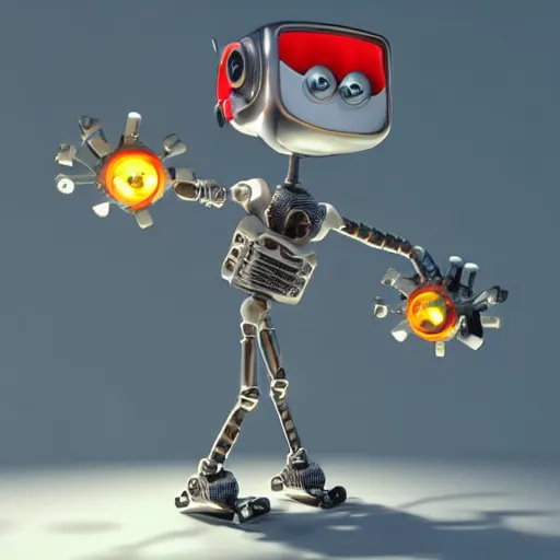 Prompt: a cool mechanic robot chick, with a tv head and gears and bolts everywhere on its body, doing karate moves in the air and swinging an electric guitar, 3 d render by pixar and disney,