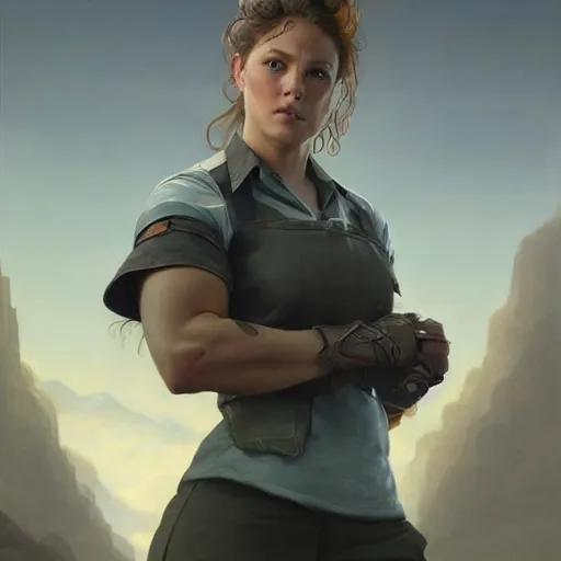 Prompt: epic portrait an beautiful waitress with short sleeved uniform, muscular, sweaty skin, hyperrealistic, expressive, emotional, moody, contre jour, octane render, cinematic, beautiful face and flawless skin, perfect hands, 5 fingers, by Edgar Maxence and Ross Tran and Michael Whelan, Legends of Runeterra