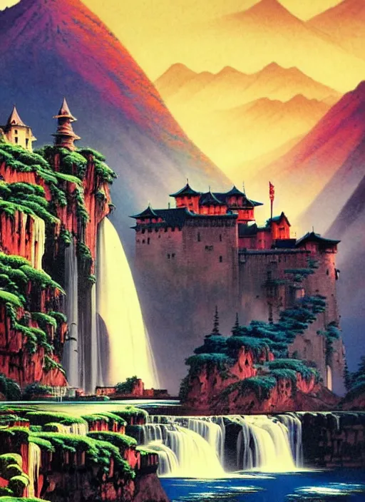 Prompt: magical castle, waterfall, river, mountain, scenery wallpaper aesthetic, beautiful, cinematic, dramatic, super detailed and intricate, hyper realistic, by koson ohara, by darwyn cooke, by hiroshi yoshida