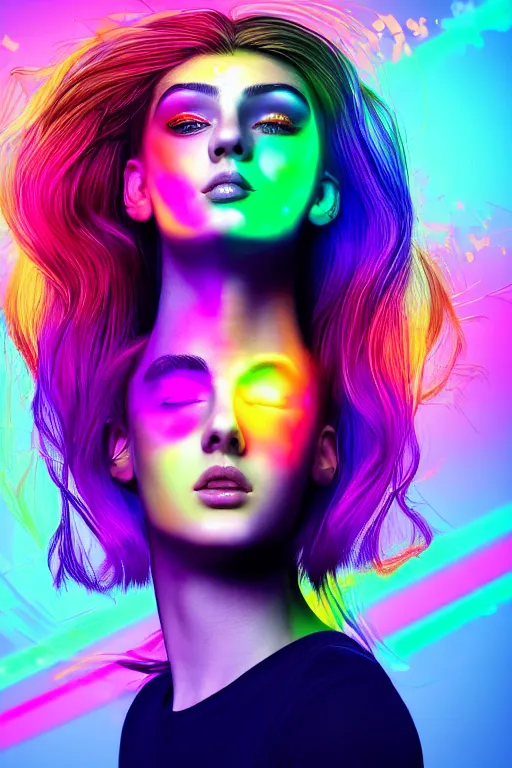 Image similar to a award winning half body portrait of a beautiful woman with stunning eyes in a croptop and cargo pants with rainbow colored ombre hairstyle head in motion and hair flying by thomas danthony, surrounded by whirling illuminated neon lines, outrun, vaporware, shaded flat illustration, digital art, trending on artstation, highly detailed, fine detail, intricate