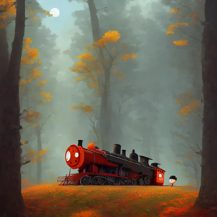 Prompt: Goro Fujita illustrating An antique steam train with a large white cloud coming out of the chimney travels through a beautiful autumn forest along the railroad tracks, art by Goro Fujita, concept art, sharp focus, ArtStation