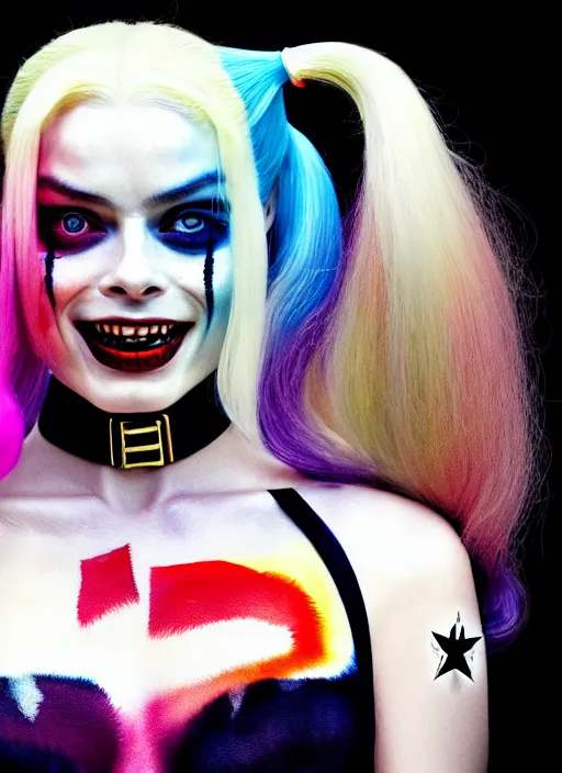 Prompt: 2 8 mm side portrait of beautiful suicide squad happy margot robbie with long white hair that looks like harley quinn, gotham city double exposure, angry frown, glamour pose, watercolor, frank miller, annie leibowitz