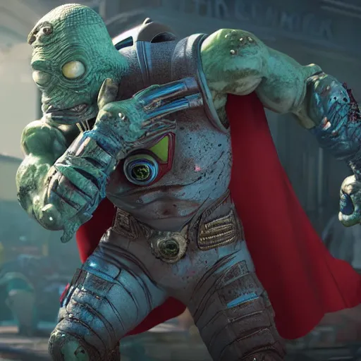 Prompt: pickle rick as superman! in gears of war, splash art, movie still, detailed face, photorealistic facial features, cinematic lighting, dramatic, octane render, long lens, shallow depth of field, bokeh, anamorphic lens flare, 8 k, hyper detailed, 3 5 mm film grain