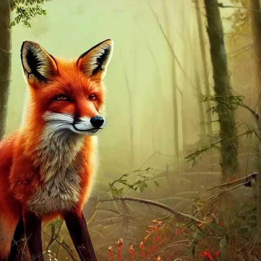 Prompt: Portrait of a Fox in a burning forest, badget and rabbits in the background, farthing wood, fantasy, high detail, elegant, digital painting, natural light, vibrant, intricate, textured skin, highly detailed, artstation, sharp, focus, illustration, by Anna Dittmann, Ilya Kuvshinov, Nikolay Makovsky