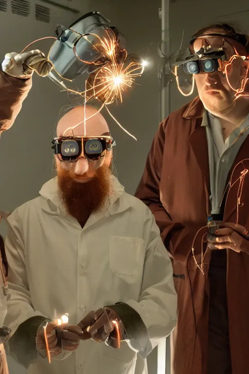 Image similar to a person with 3 eyes, person with a 3rd eye in the middle of their forehead, an awkwardly tall scientist with 3 eyes and a tangled beard and unruly red hair atop his balding head wearing a headlamp a labcoat and welding goggles and holding a beaker, led headlamp, high resolution film still, movie by Ivan Reitman