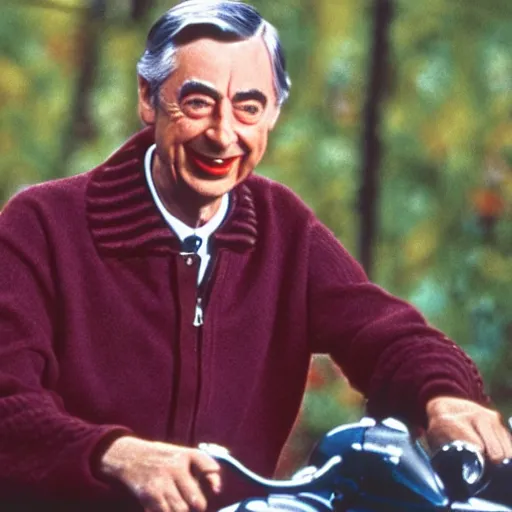 Image similar to color still of fred rogers with facial tattoos riding a motorcycle wearing a leather jacket and smoking at the beach, bright sunny day