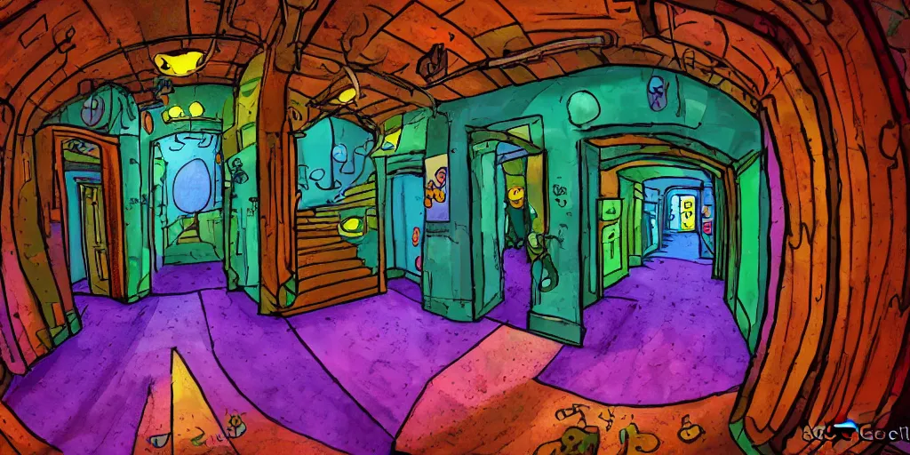 Prompt: a colorful dimly lit, theater access corridor, 3 doors, 1 staircase, day of the tentacle style, fish eye, by Scott C