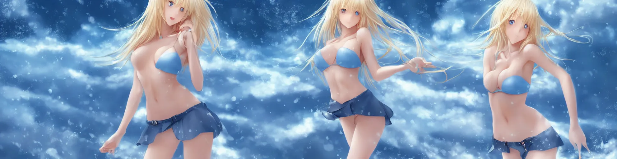 Image similar to full body shot : a very beautiful young blond anime girl on a snowstorm, sky blue eyes,, bikini, miniskirt, highly detailed, cinematic wallpaper by stanley artgerm lau