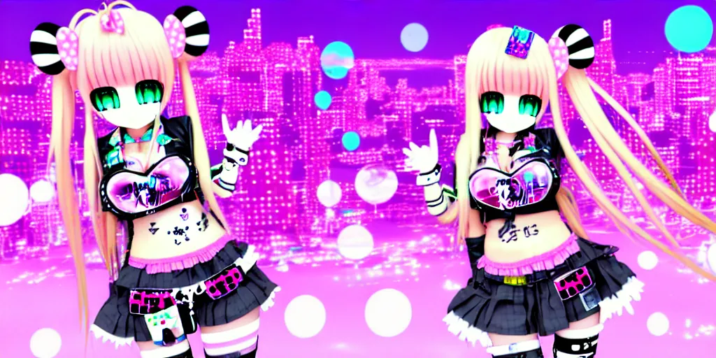 Image similar to 3 d anime render of a decora gyaru kawaii cybergoth emo fashion model vtuber, in a cyberpunk blade runner maximalist city of my melody sanrio plushies, artstation cgsociety