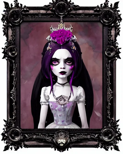 Image similar to baroque bedazzled gothic royalty frames surrounding a watercolor portrait of monster high draculaura doll, stephen bliss, unreal engine, by greg rutkowski, loish, rhads, makoto shinkai and lois van baarle, ilya kuvshinov, rossdraws, global illumination, radiant light, detailed and intricate environment, watercolor lighting