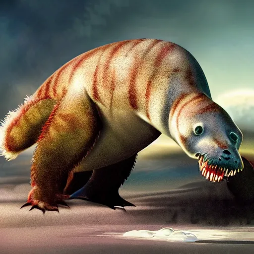 Prompt: a tyrannosaurus eating a baby harp seal, tropical jungle alien planet, genndy tartakovsky, primal, scary lighting, clear focus, very coherent