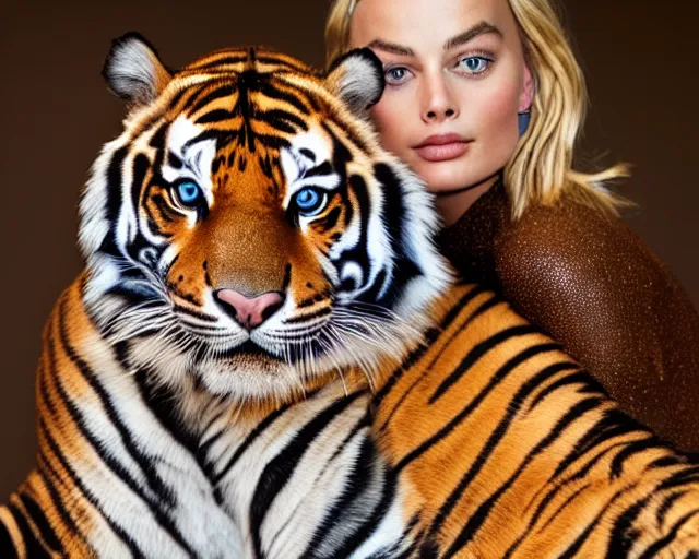 Image similar to A photo of margot robbie sitting on a tiger, highly detailed, detailed face, beautiful face, blue eyes, 4k, hd, sharp, cinematic