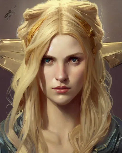 Image similar to '' Portrait of Beautiful blonde Slavic woman in her early 30’s, league of legends, LOL, fantasy, d&d, digital painting, artstation, concept art, sharp focus, illustration, art by greg rutkowski and alphonse mucha ''