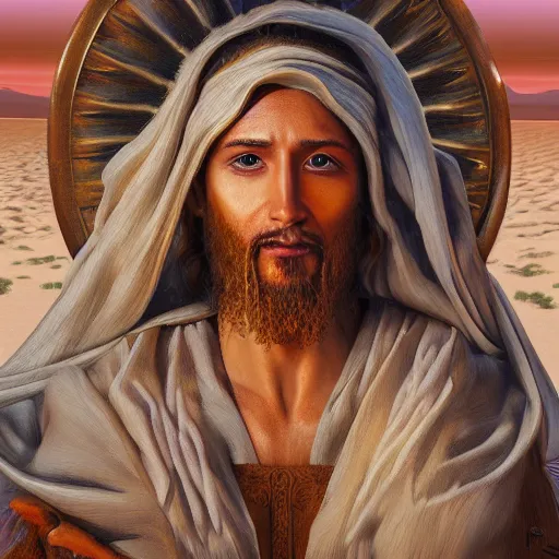 Image similar to an Artstation 3d render of Very very very very highly detailed beautiful mystic oil painting of jesus in the desert, intricate, extremely detailed, digital painting, artstation, concept art, smooth, sharp focus, illustration, intimidating lighting, incredible art,