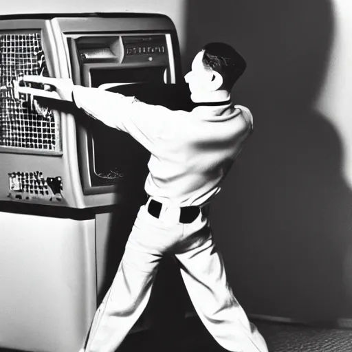 Image similar to a black and white photograph of a man beating a computer with a baseball bat, by gary baseman, robert crumb, jim henson, photorealistic, surreal, high contrast, film photography