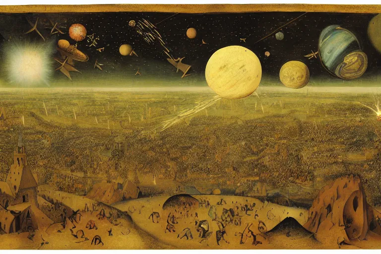 Image similar to a monstrous shooting star that is about to destroy the earth and the whole universe, by pieter bruegel,