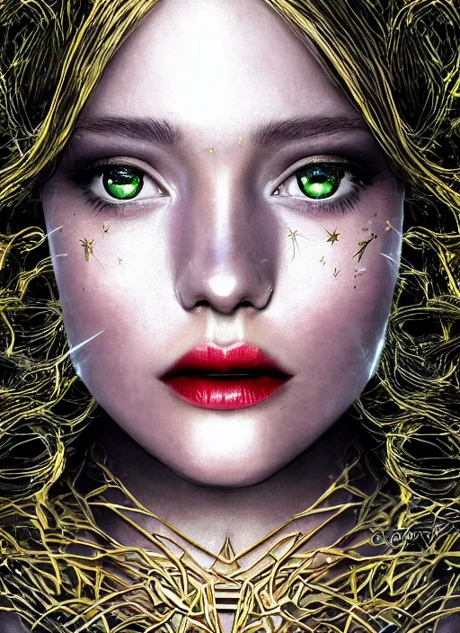 Prompt: glowing silver and golden elements, full close-up portrait, Faye Reagan as a dark witch, book cover, green forest, white moon, red lips, establishing shot, extremly high detail, photo-realistic, cinematic lighting, pen and ink, intricate line drawings, by Yoshitaka Amano, Ruan Jia, Kentaro Miura, Artgerm, post processed, concept art, artstation, matte painting, style by eddie, raphael lacoste, alex ross